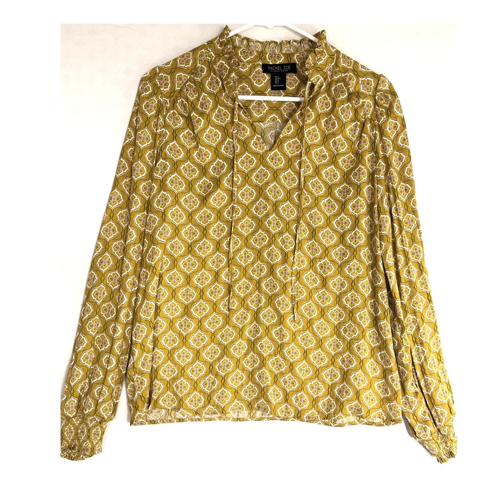 Rachel Zoe Mustard Yellow Medallion Print Ruffle Neck Tie Blouse Small